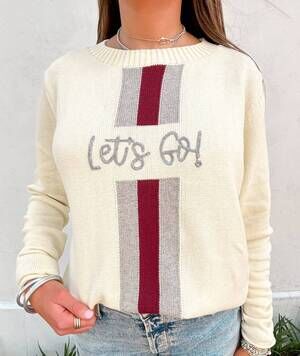 NEW PEARLS & CAMO let's go game day sweater in cream
